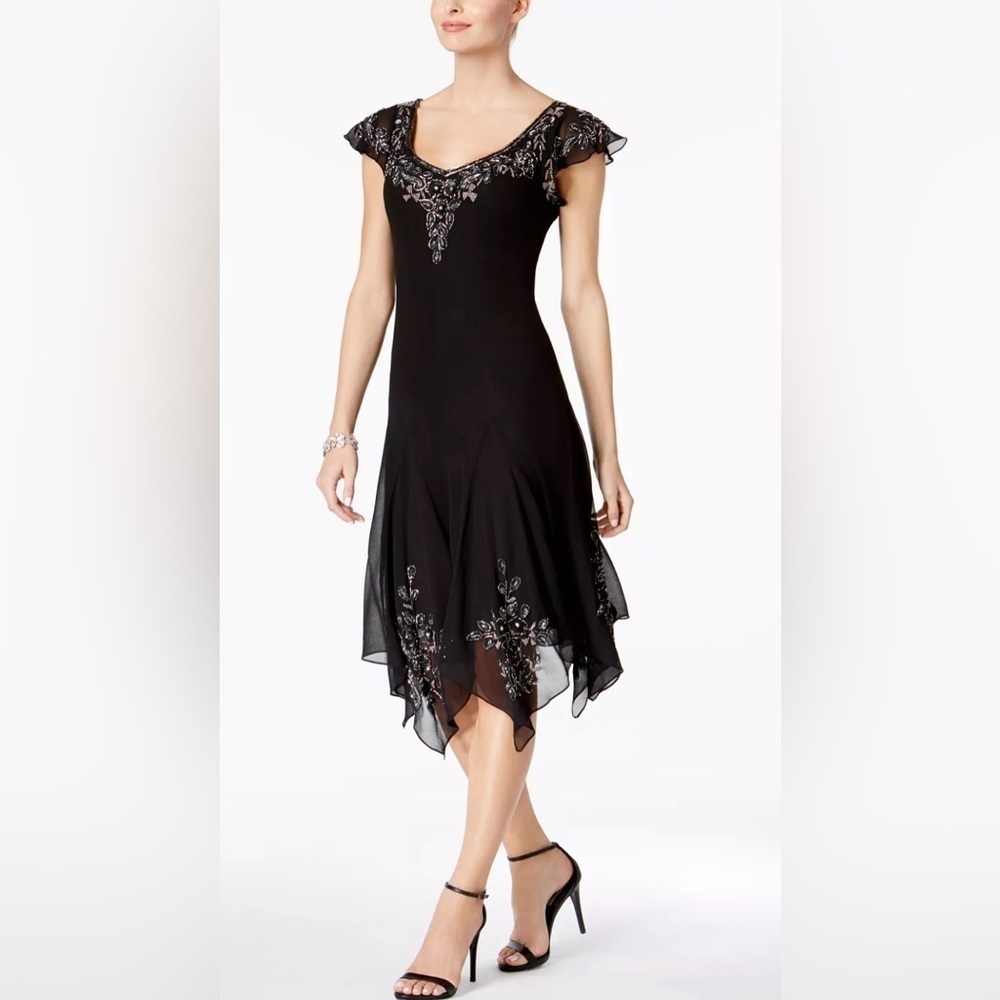 NWT JK ARA New York Size‎ 6 Beaded Handkerchief-Hem Dress Black